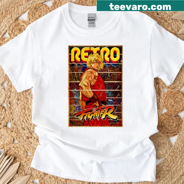 Retro artwork of Ken from Street Fighter on oversized t-shirt