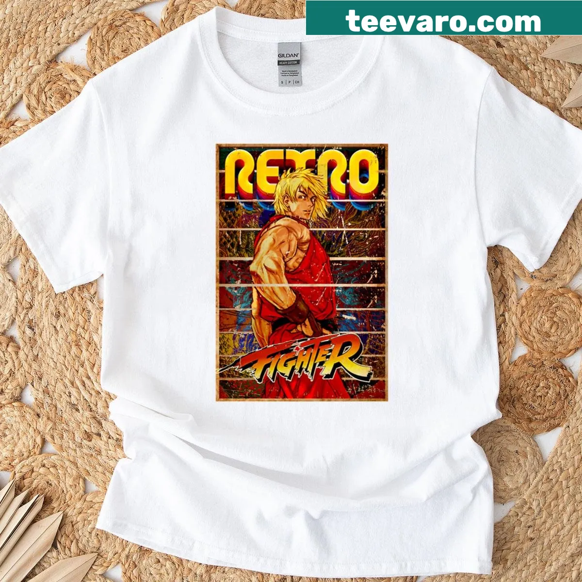 Retro artwork of Ken from Street Fighter on oversized t-shirt — on a men's t-shirt