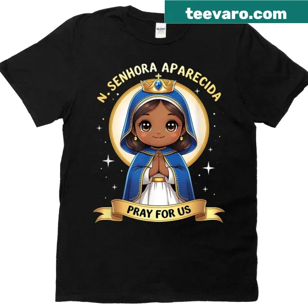 Illustrative design honoring Nossa Senhora Aparecida on a kids' T-shirt.