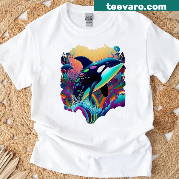Artistic graphic of a killer whale on T-shirt