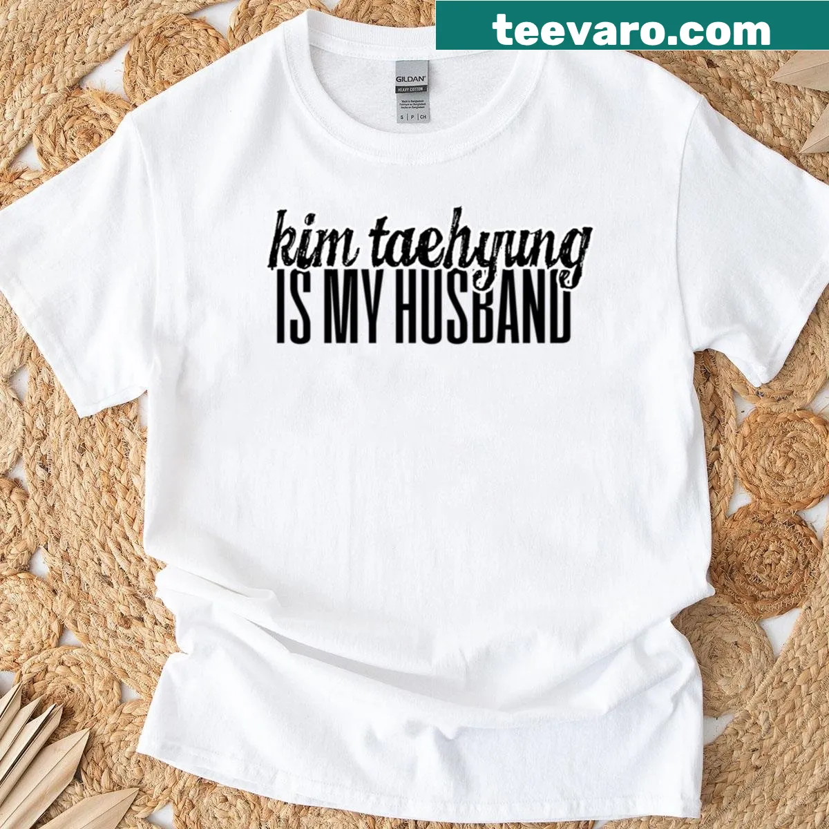 Fun t-shirt declaring 'Kim Taehyung Is My Husband' with a charming graphic — on a men's t-shirt