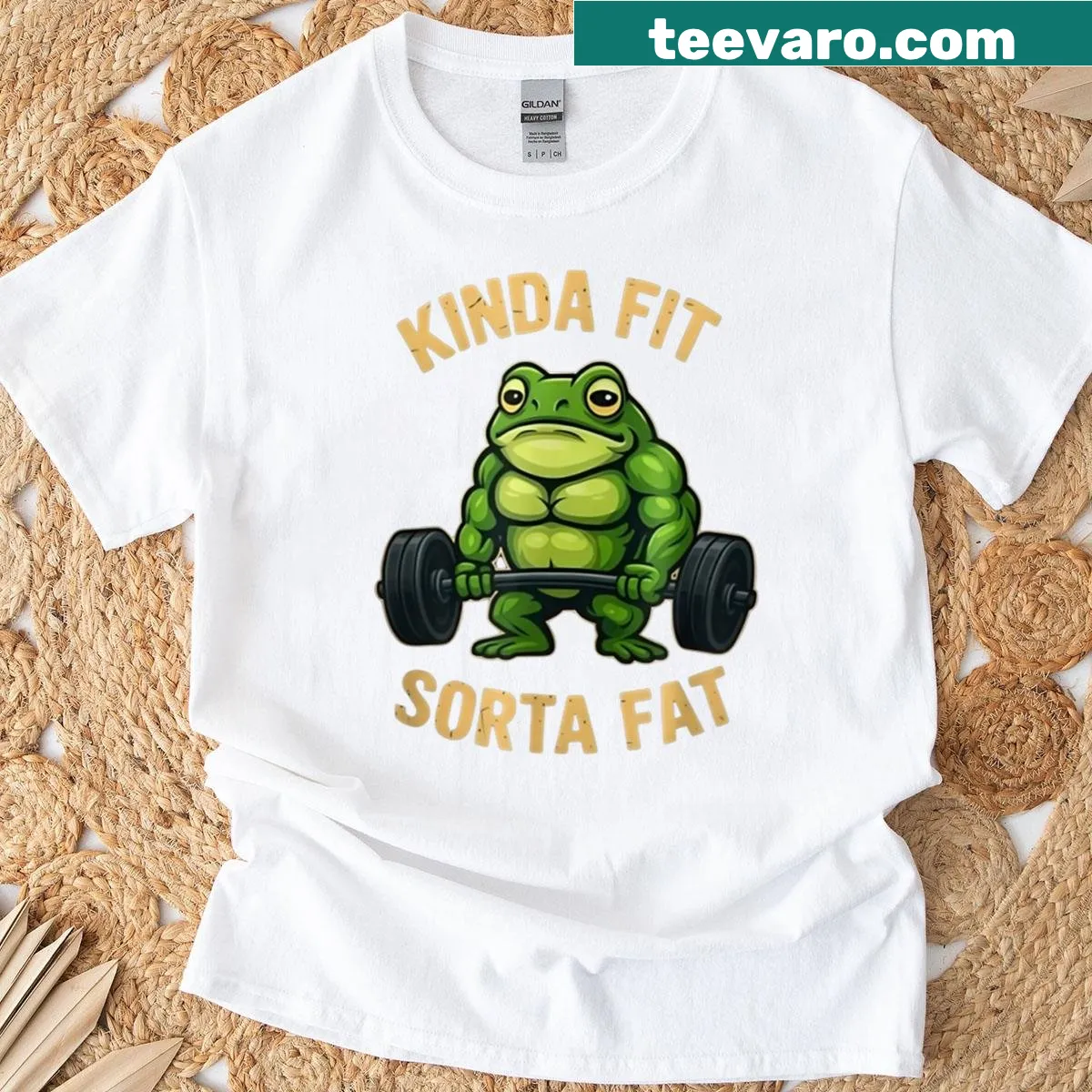 Funny gym T-shirt with a frog lifting weights and humorous text — on a men's t-shirt