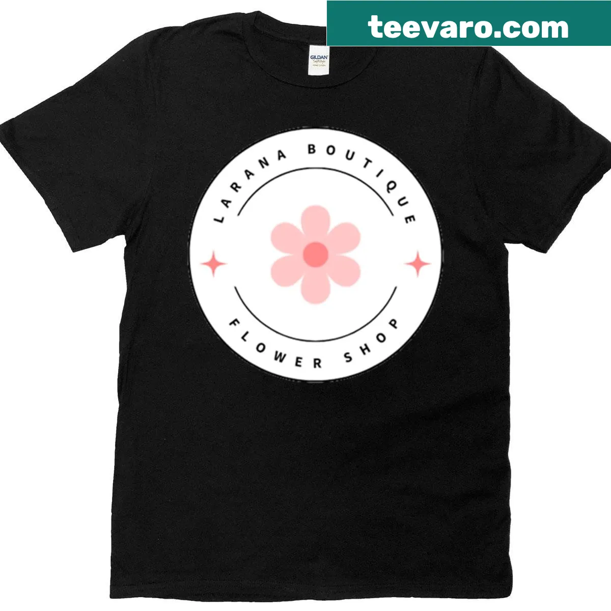 Minimalist flower logo T-shirt representing Larana Boutique Flower Shop — on a men's t-shirt