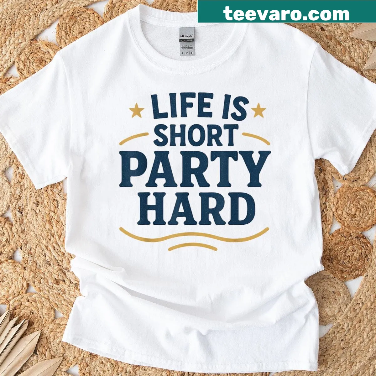 Typographic T-shirt emphasizing life is short and great music — on a men's t-shirt