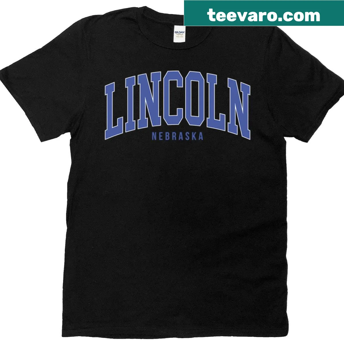 Lincoln NE college font curved typography t-shirt — on a men's t-shirt