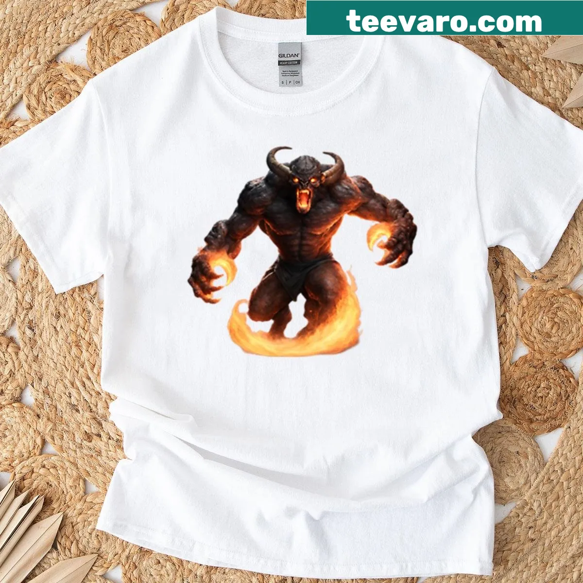 Balrog illustration t-shirt featuring fire and darkness theme — on a men's t-shirt