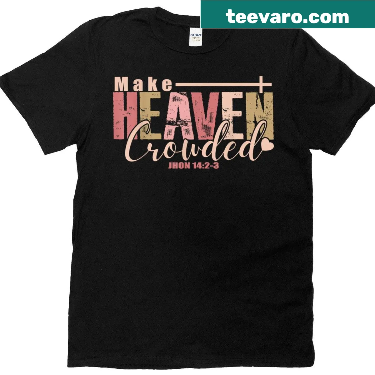 Minimalist cross design with 'Make Heaven Crowded' text — on a men's t-shirt