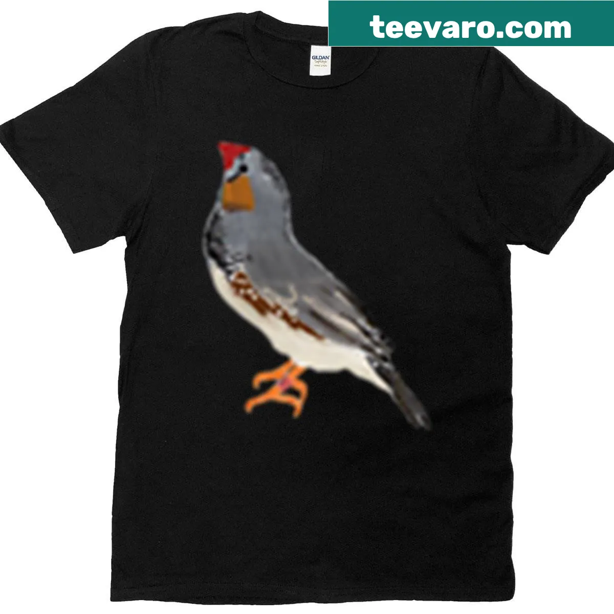 T-shirt with a drawing of a male zebra finch — on a men's t-shirt