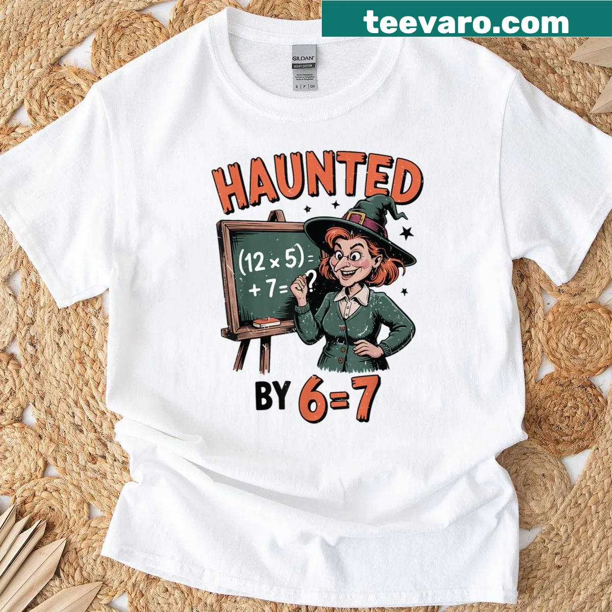 Funny Halloween math teacher t-shirt with witch and math symbols — on a men's t-shirt