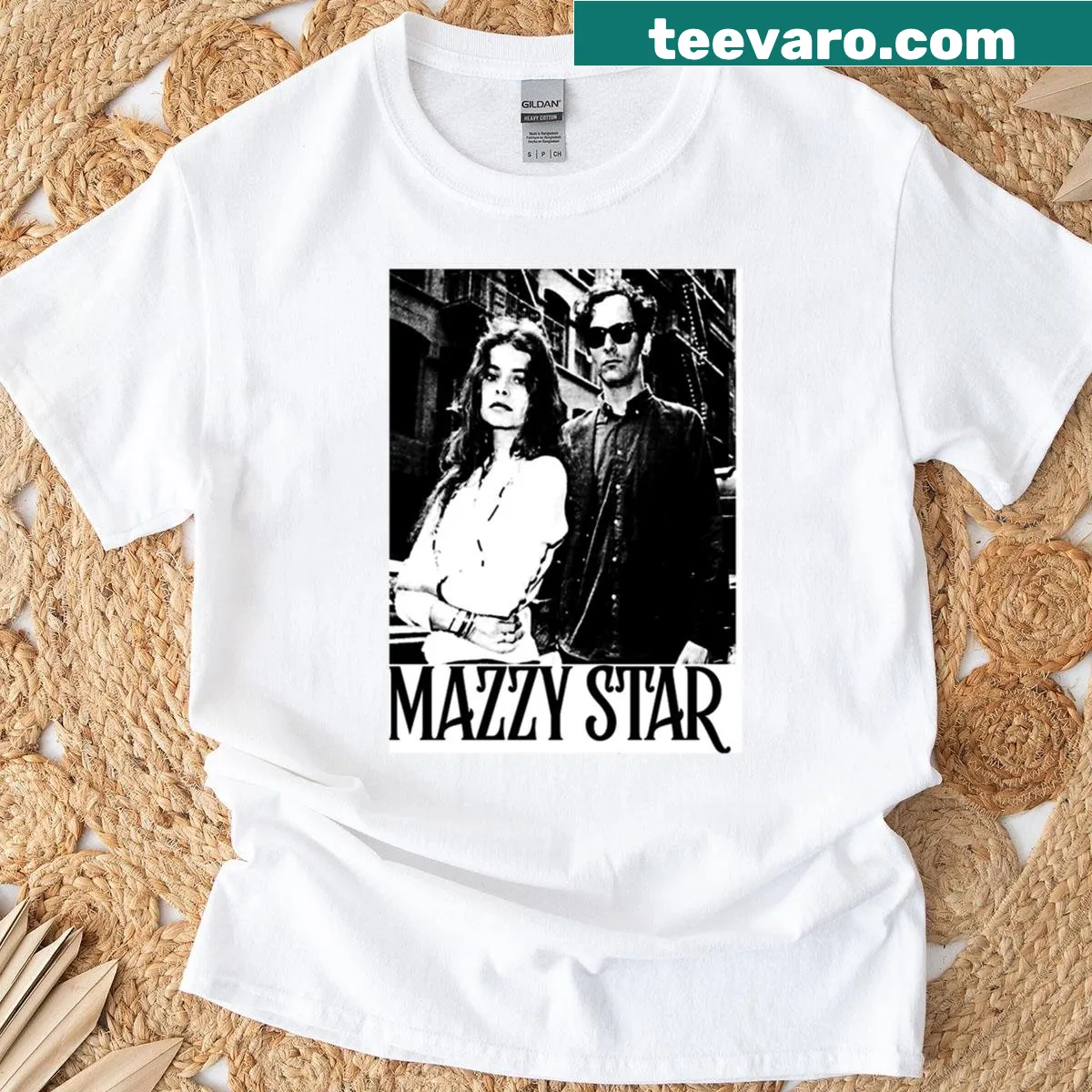 Minimalist typography T-shirt featuring Mazzy Star band name — on a men's t-shirt
