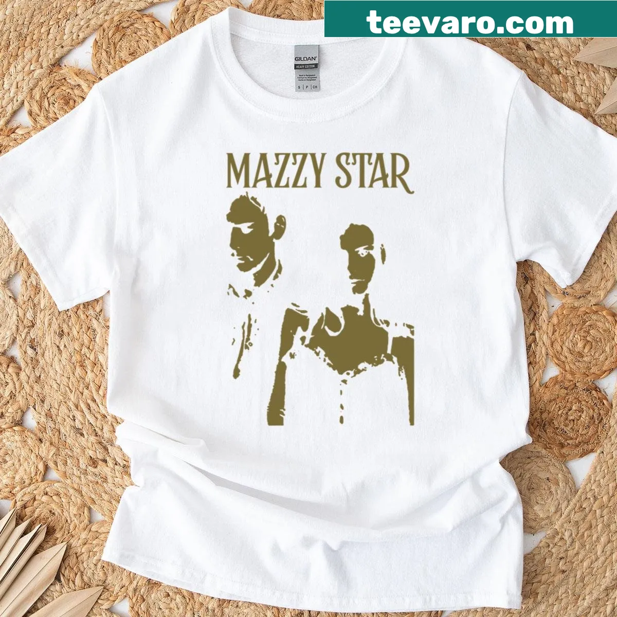 Minimalist T-shirt featuring Mazzystar band name in typography — on a men's t-shirt