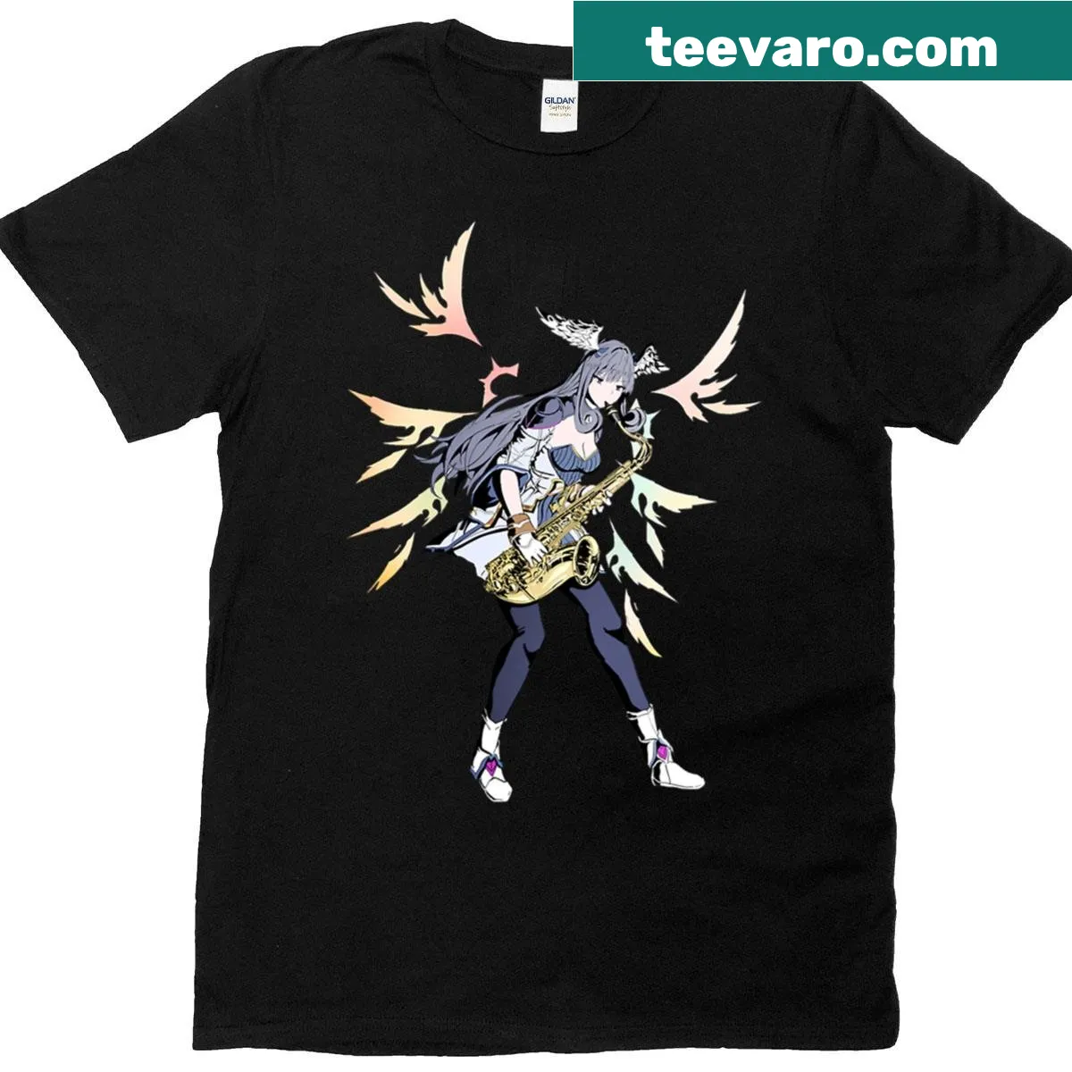 Shirt featuring Melia Antiqua and a saxophone illustration — on a men's t-shirt