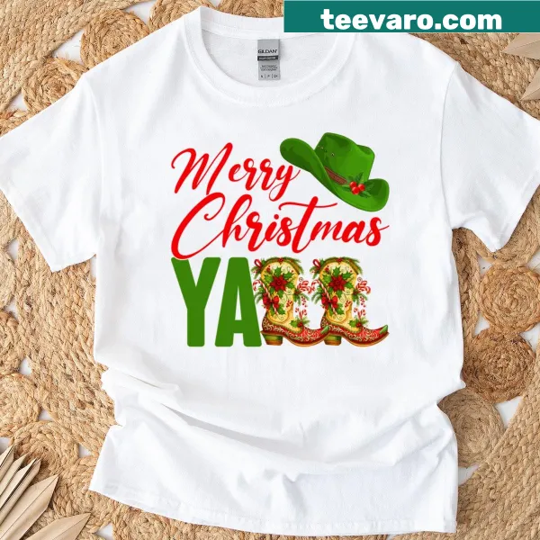 Western cowboy and cowgirl boots with Christmas text T-shirt