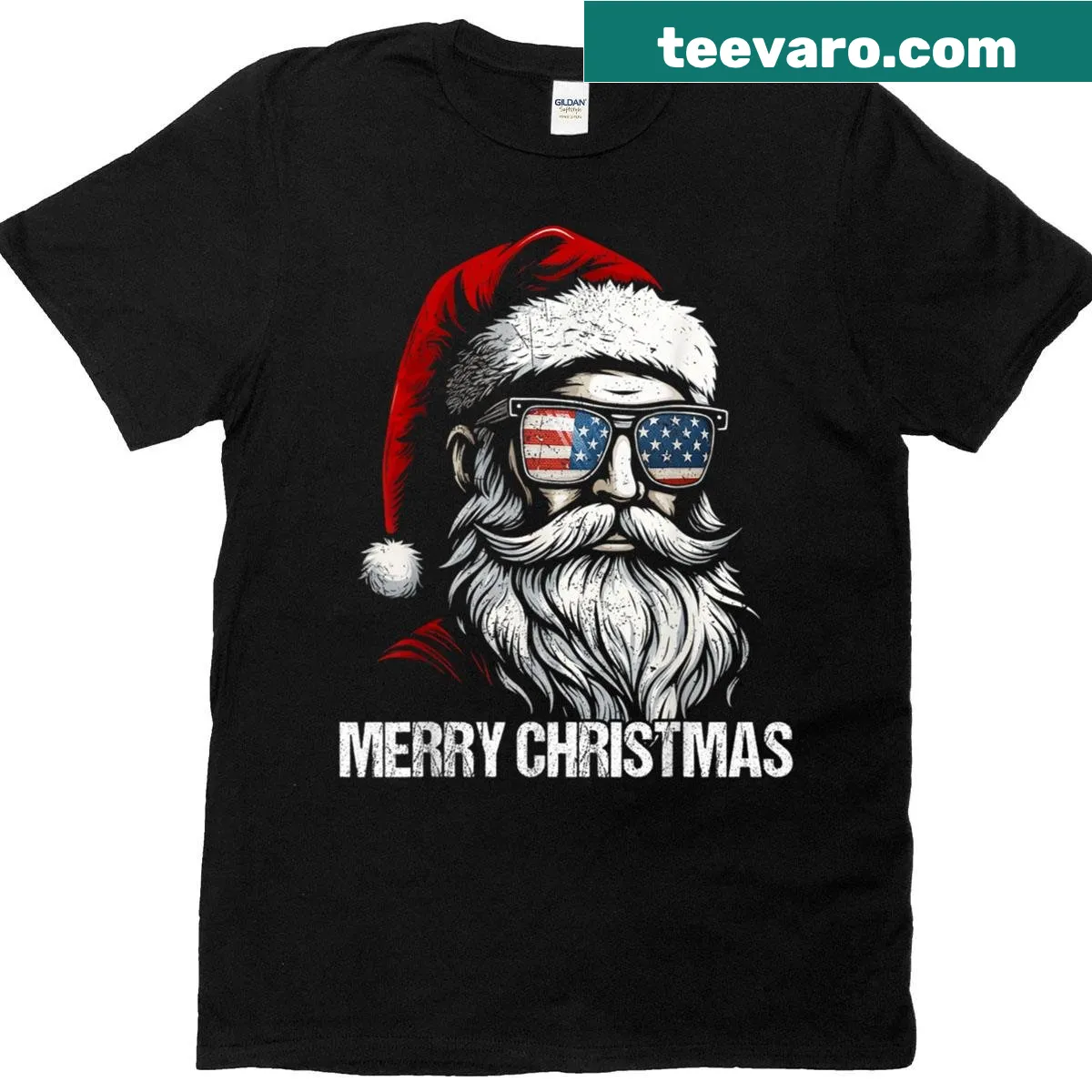 Vintage Santa graphic tee with US flag design for Christmas — on a men's t-shirt