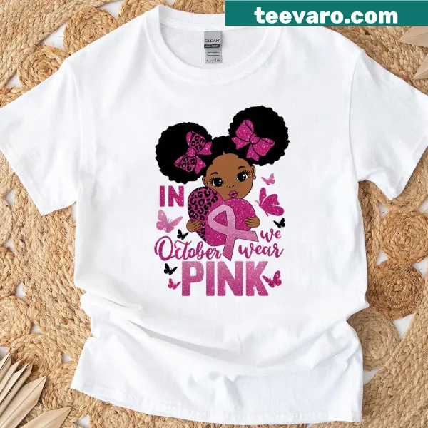 Cute October-themed t-shirt with messy bun and pink text