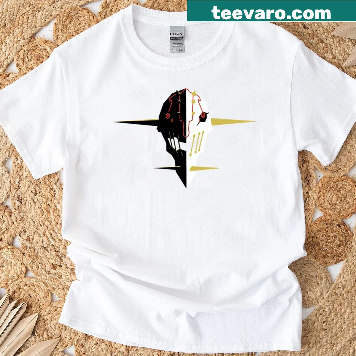 Edgy graphic t-shirt featuring a fierce metal face design — on a men's t-shirt