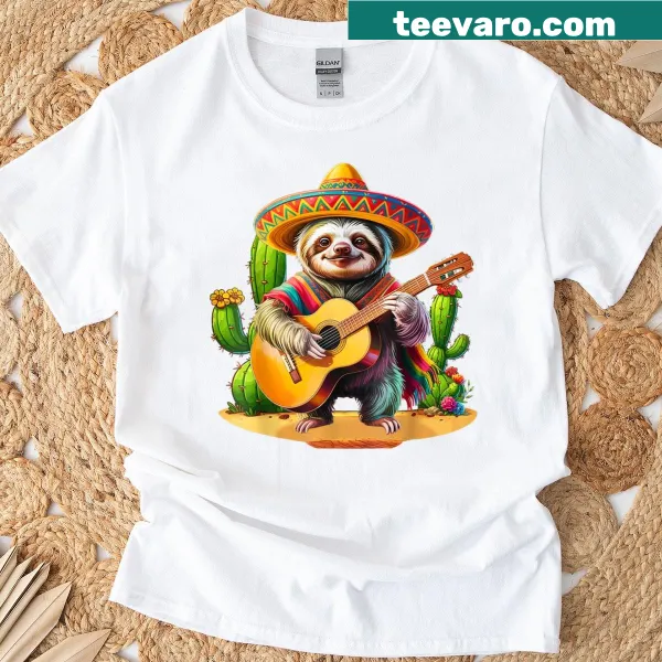 Sloth in sombrero playing guitar graphic on T-shirt