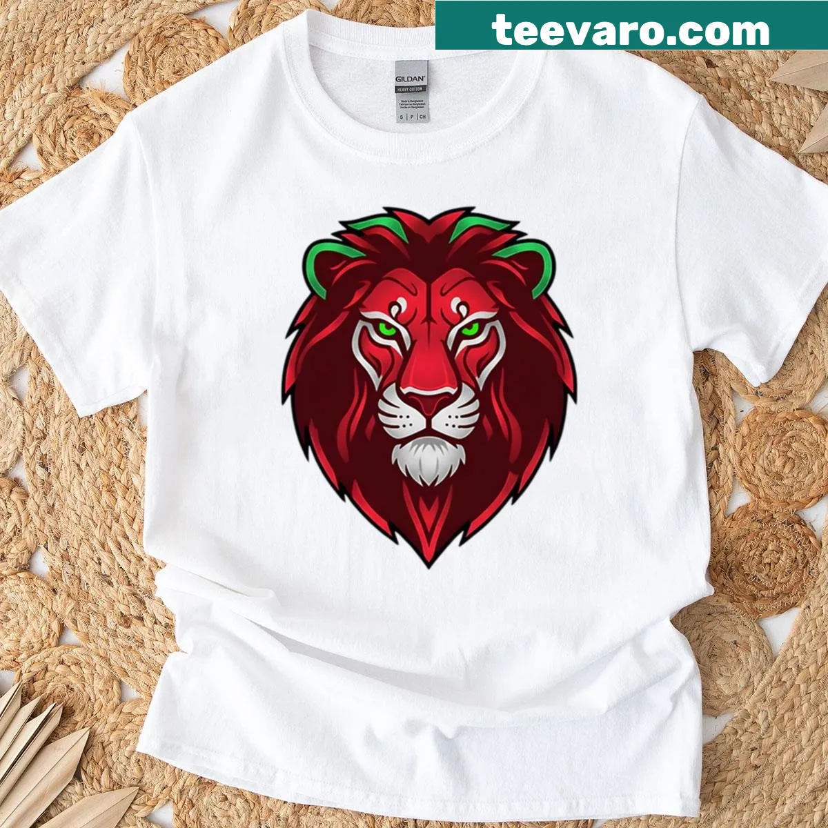 Minimalist lion silhouette t-shirt featuring Moroccan flag elements — on a men's t-shirt