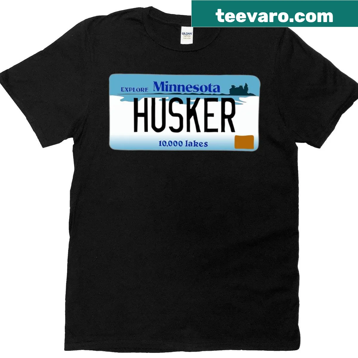 T-shirt featuring a Minnesota license plate graphic — on a men's t-shirt