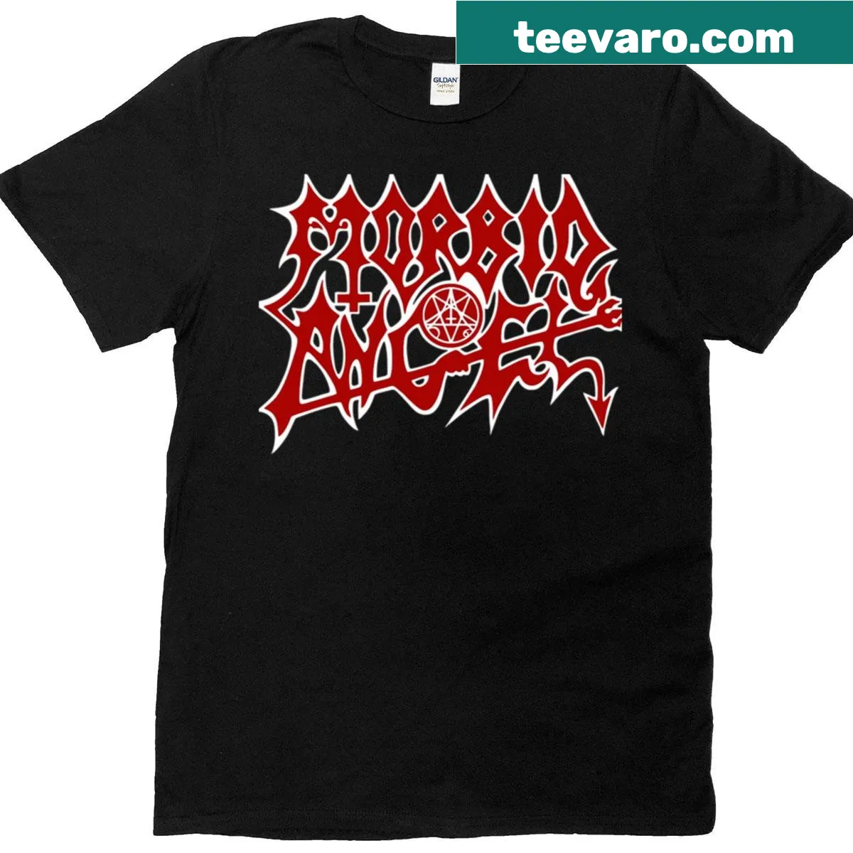 Death metal graphic t-shirt featuring Morbid Angel band logo — on a men's t-shirt
