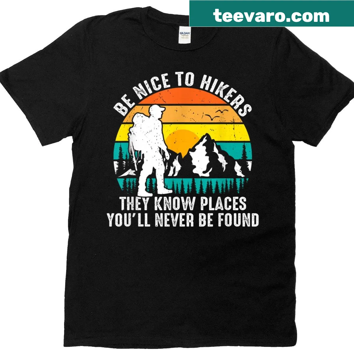Illustrated mountain landscape on a hiking adventure t-shirt — on a men's t-shirt