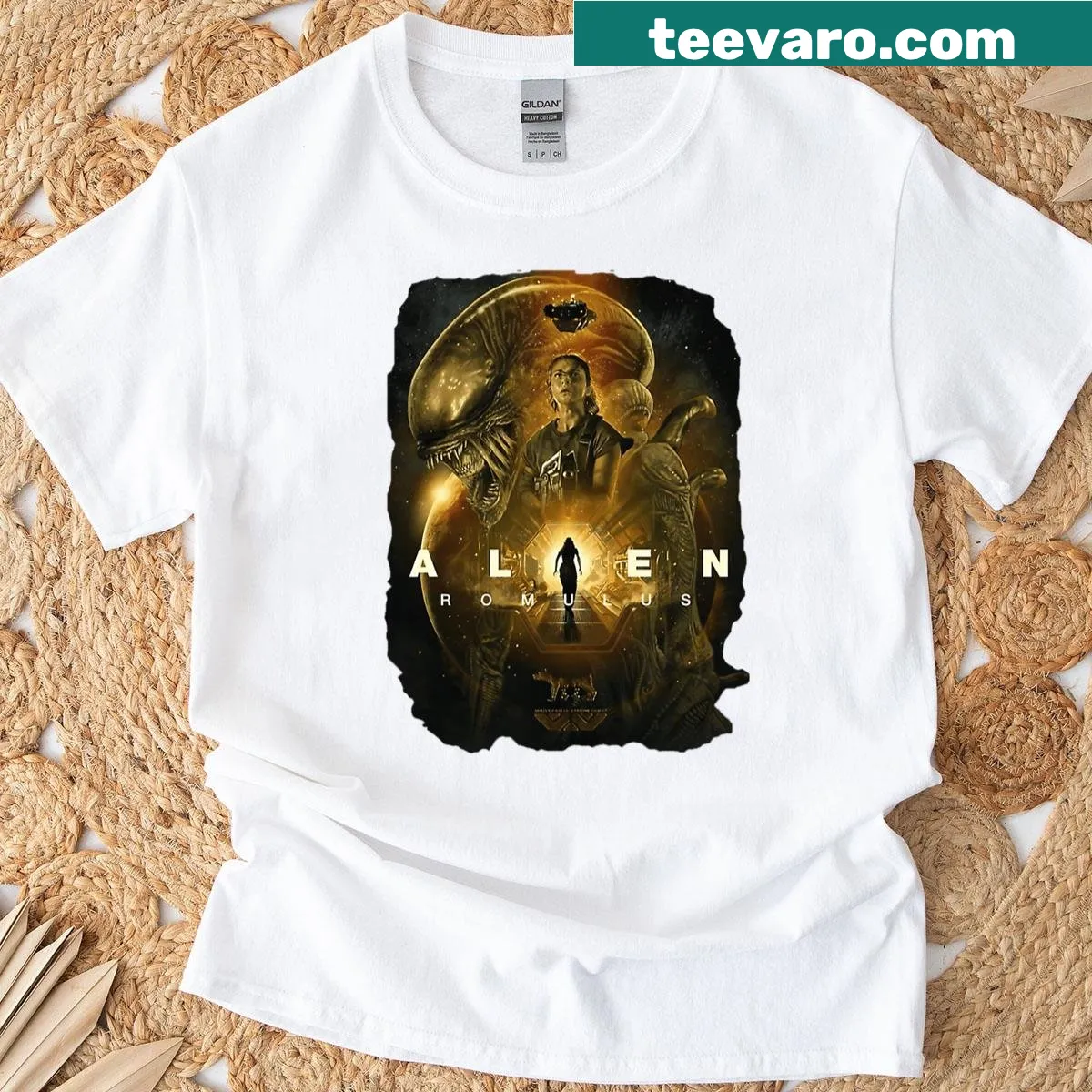 Vintage Halloween horror film logos on a distressed T-shirt design — on a men's t-shirt