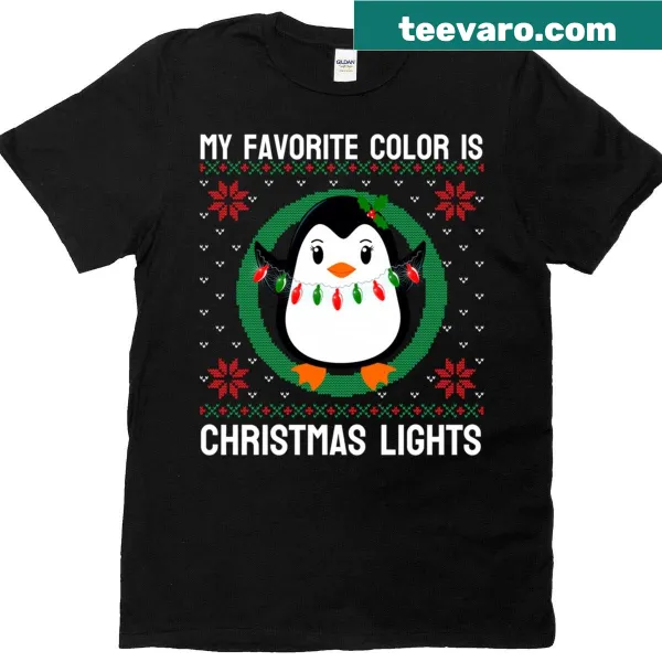 Cute penguin t-shirt with text 'My Favorite Color Is Christmas Lights'