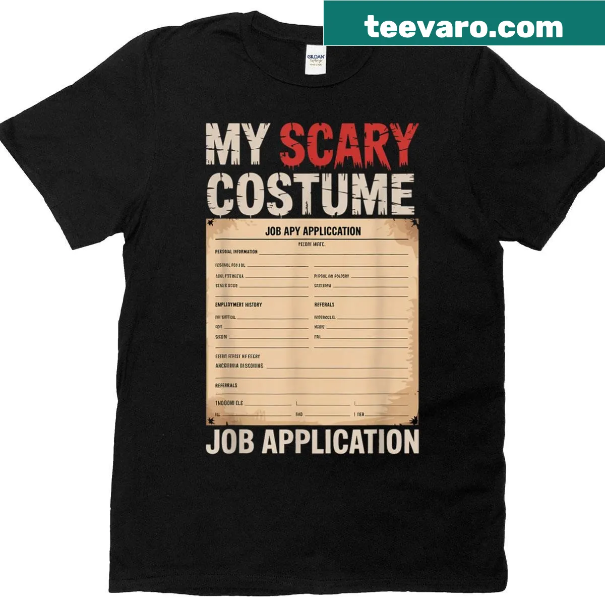 Funny Halloween costume job application t-shirt — on a men's t-shirt