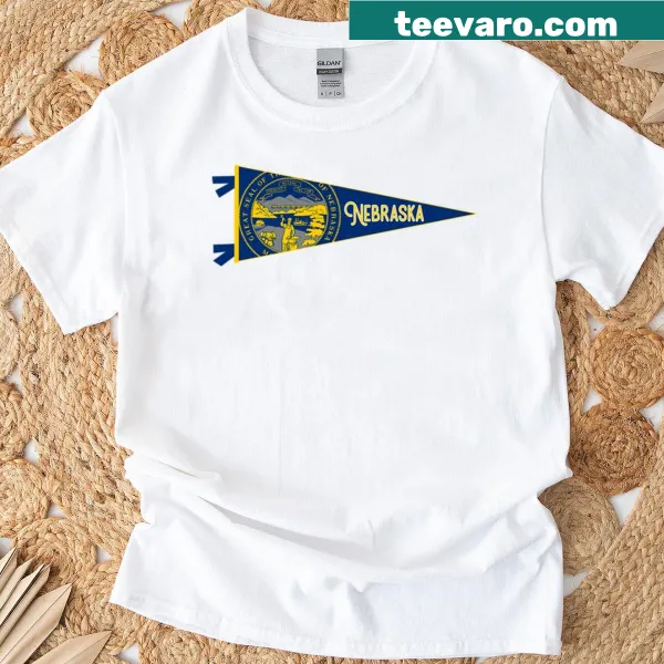 Nebraska flag pennant design T-shirt for state pride.