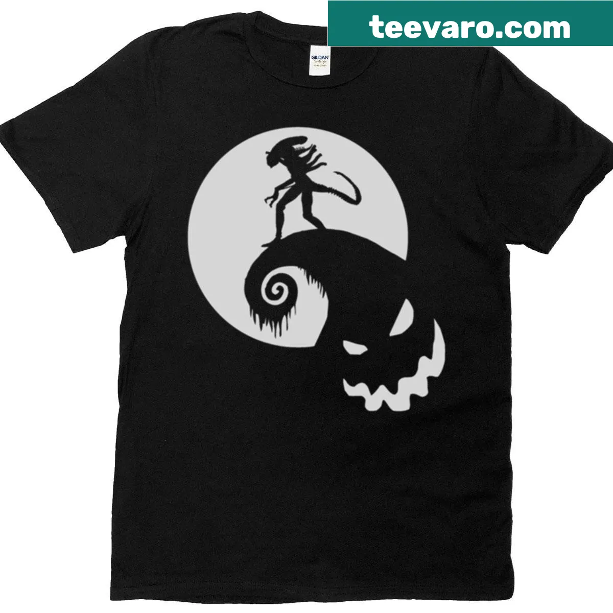 Whimsical T-shirt combining elements of Nightmare Before Christmas and sci-fi — on a men's t-shirt