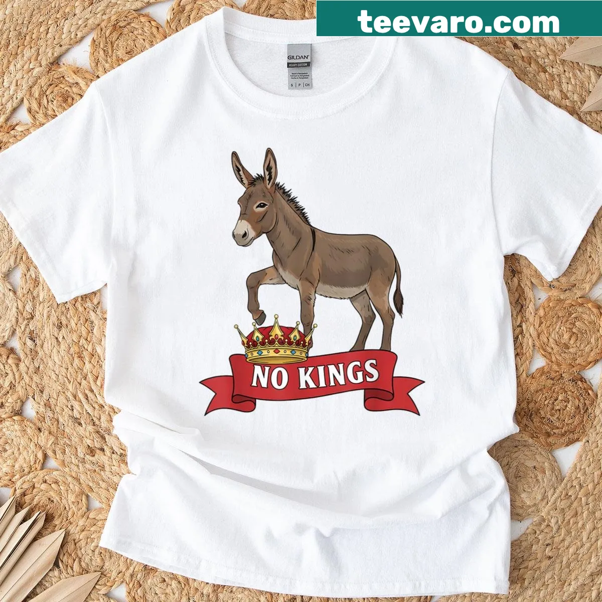 T-shirt with the phrase 'No Kings Donkey' in bold font — on a men's t-shirt