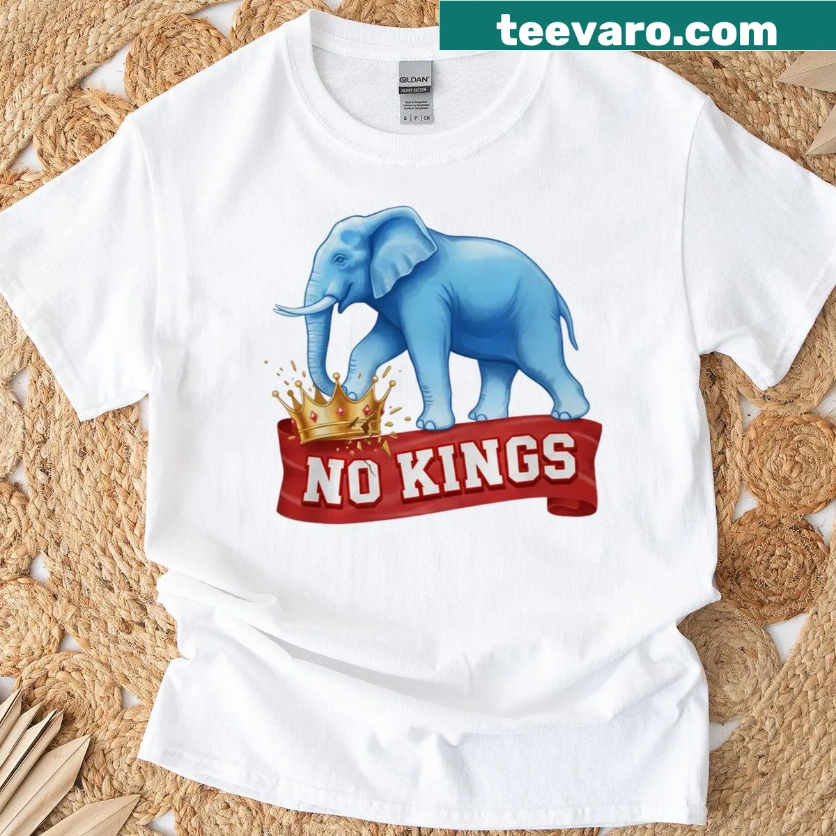 Elephant graphic with 'No Kings' text on t-shirt — on a men's t-shirt