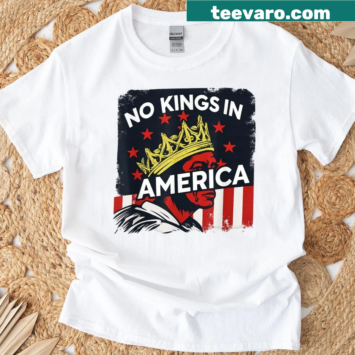 Shirt with the quote 'No Kings In America' emphasizing freedom and equality — on a men's t-shirt