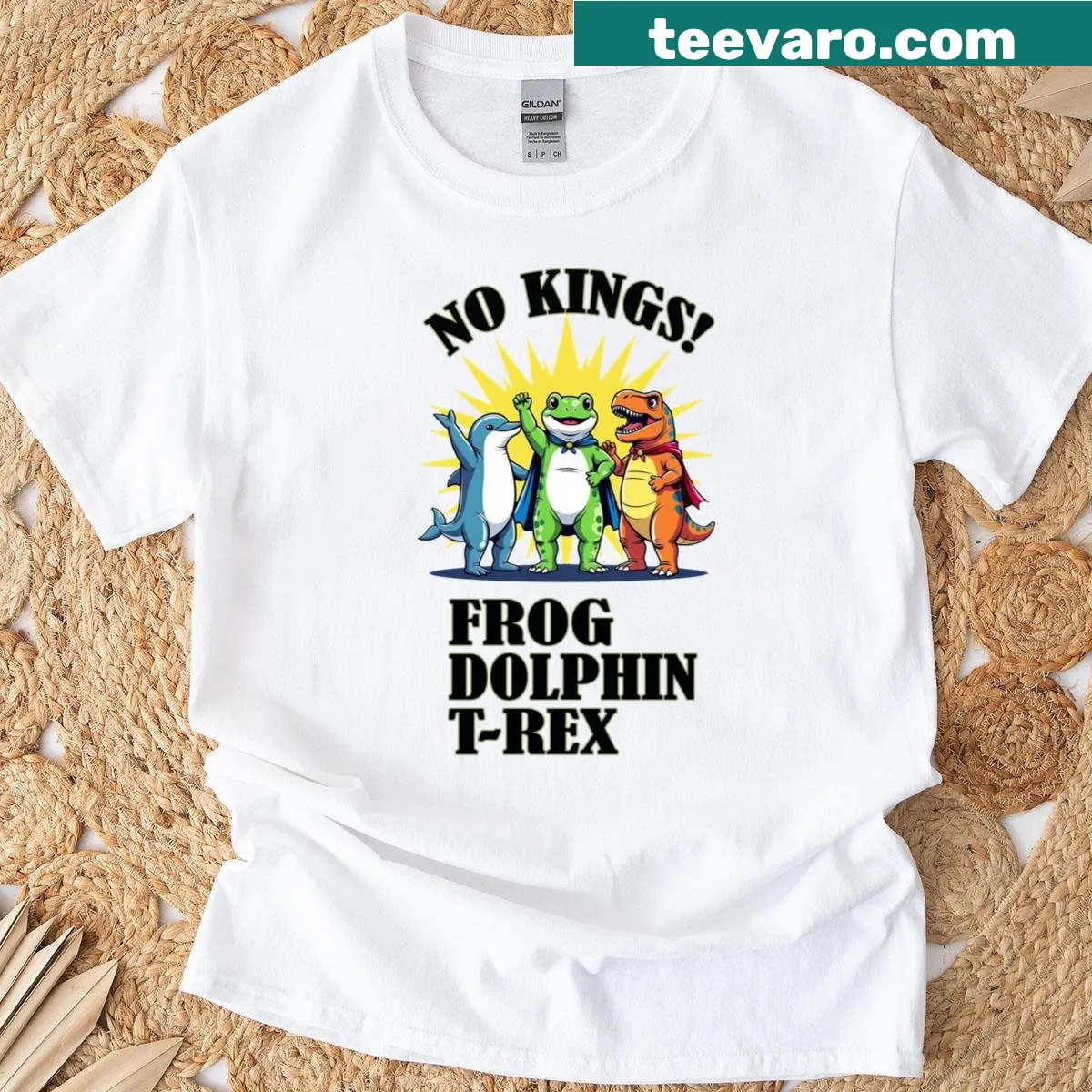 Unique graphic of frog, dolphin, and T-rex with 'No Kings' text — on a men's t-shirt