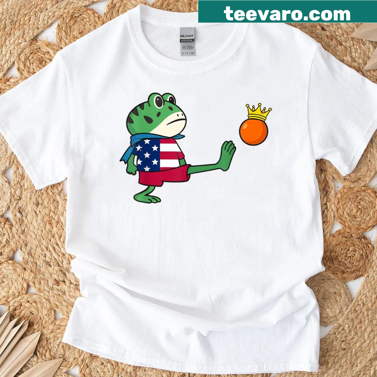 Cartoon frog protest graphic T-shirt with 'No Kings' slogan. — on a men's t-shirt