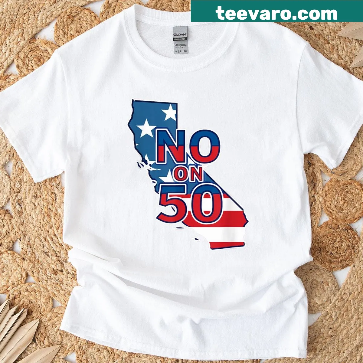 T-shirt with a message against California Proposition 50 — on a men's t-shirt