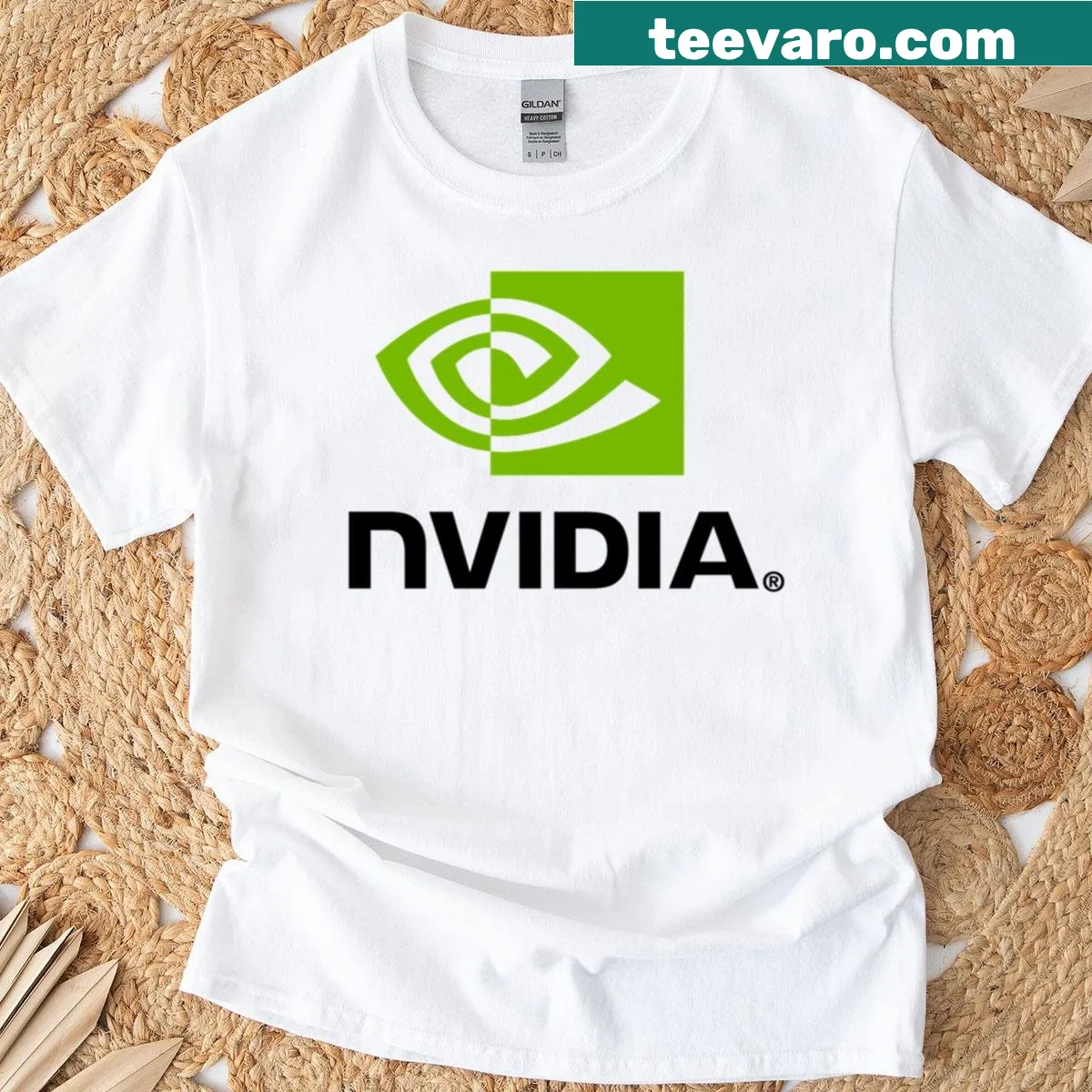Nvidia logo graphic on a T-shirt representing AI and GPU technology — on a men's t-shirt