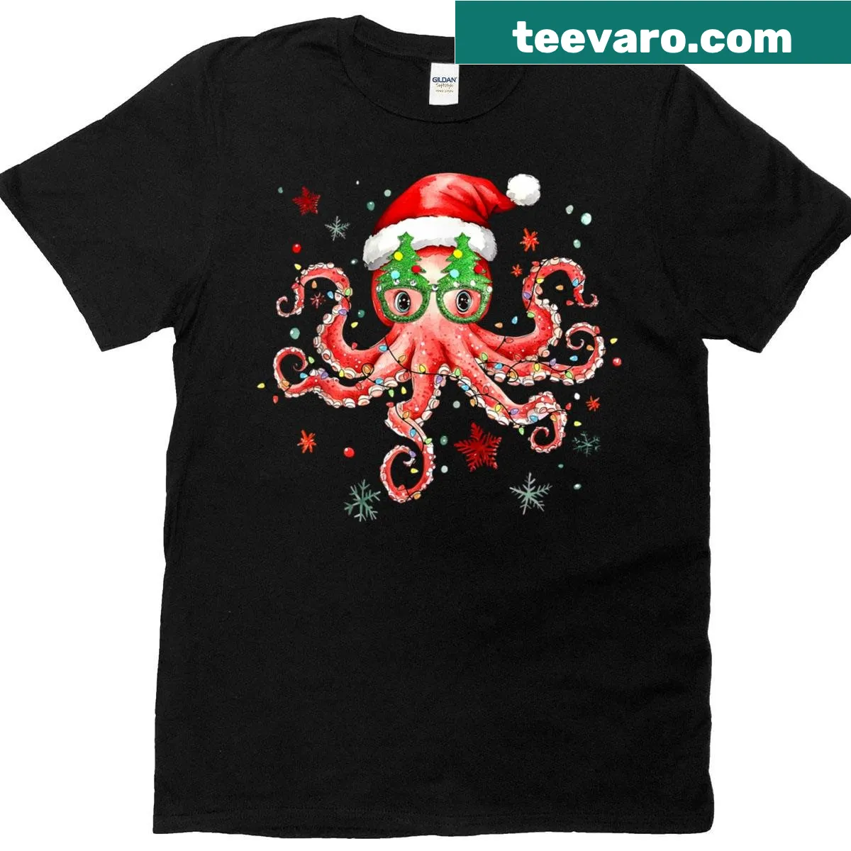 Illustration of an octopus in glasses and Santa hat with Christmas lights — on a men's t-shirt