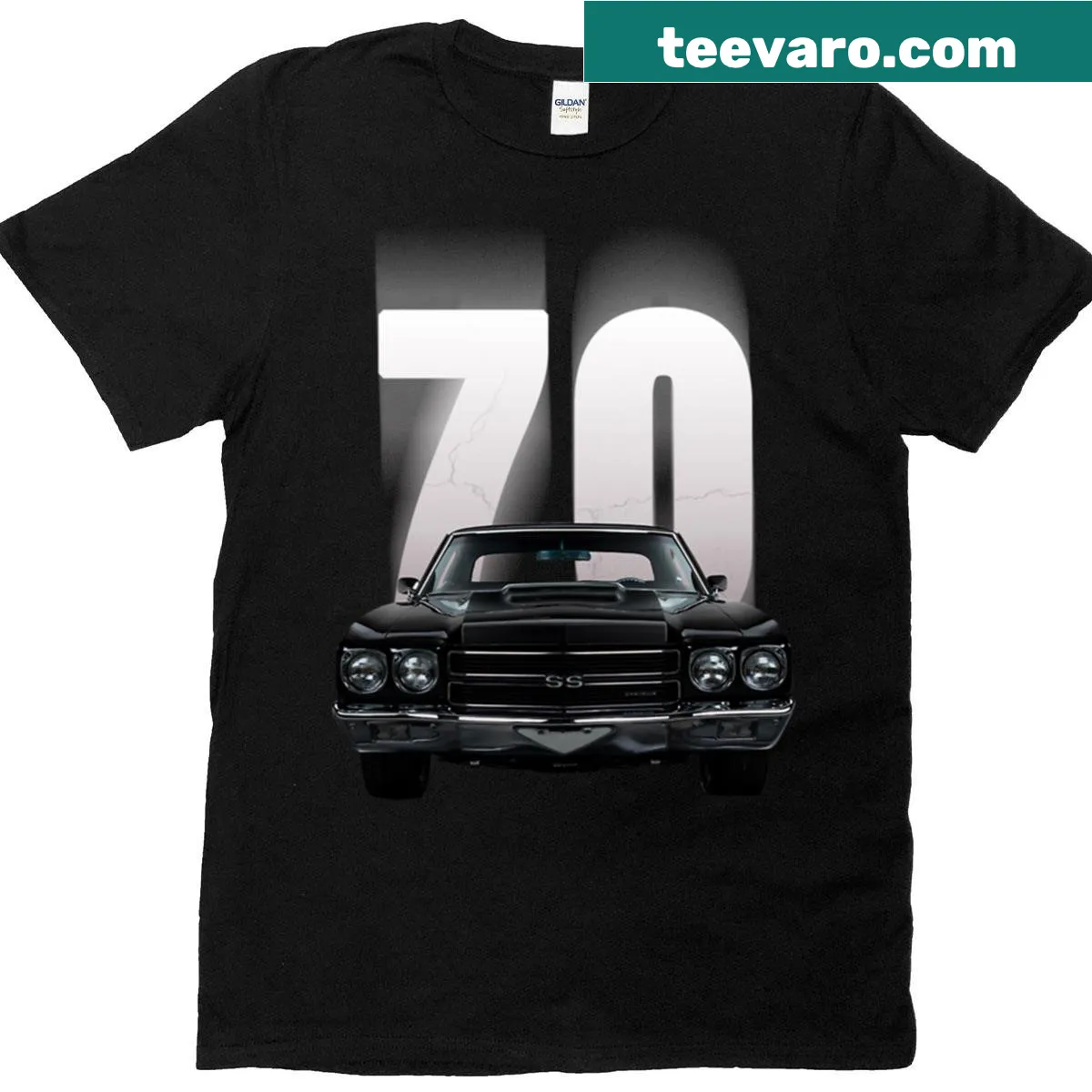 Vintage t-shirt featuring an old car from 1970 with front and rear views — on a men's t-shirt