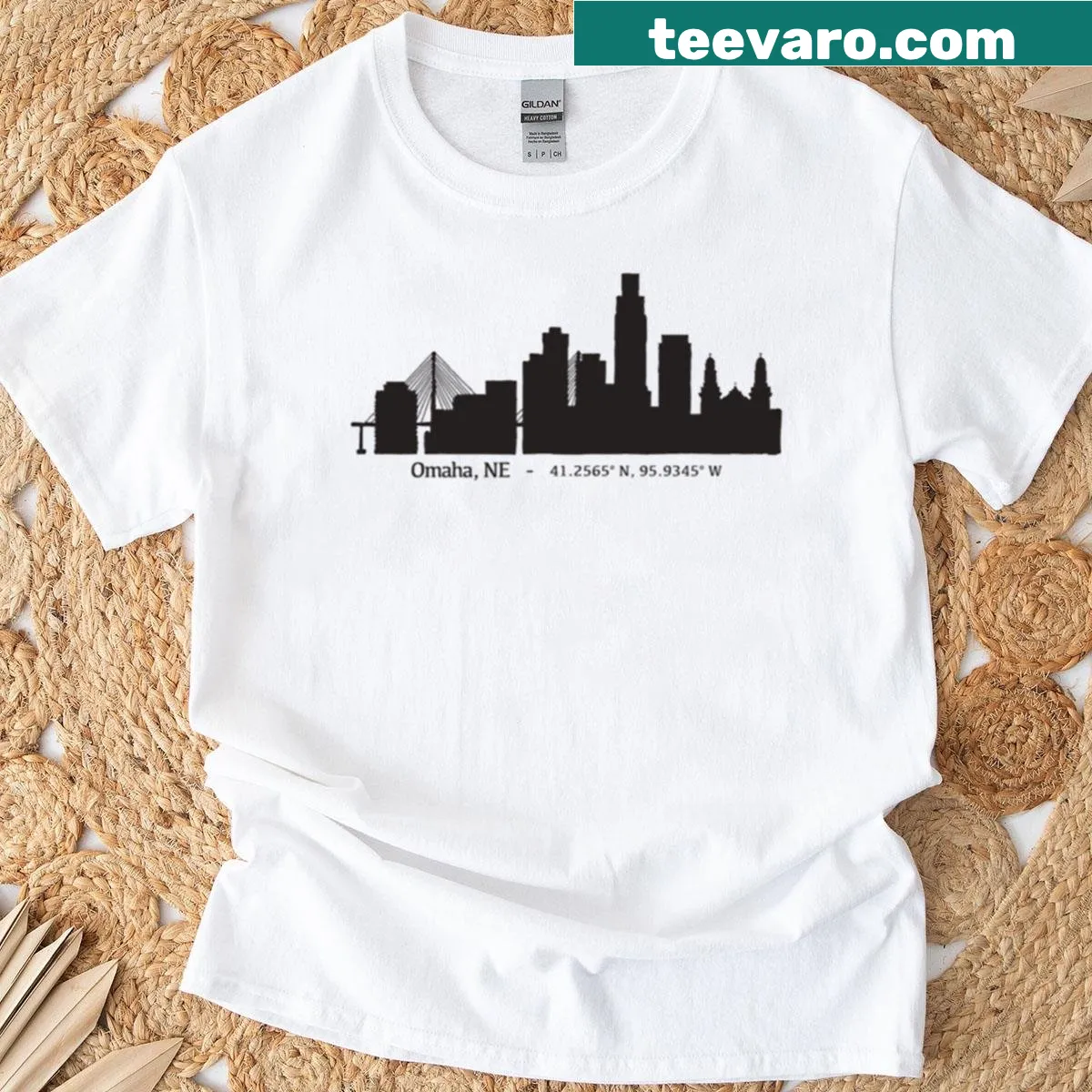 Omaha skyline with coordinates in minimalist typography — on a men's t-shirt