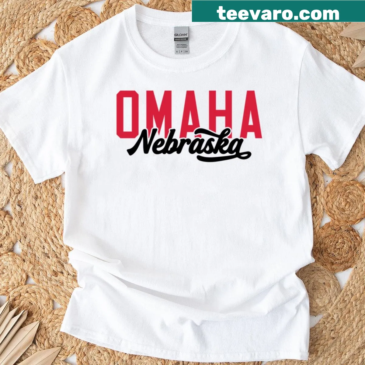 Sticker-style design representing Omaha Nebraska on a casual T-shirt — on a men's t-shirt