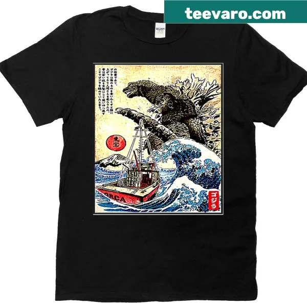 Woodblock style orca graphic on a T-shirt