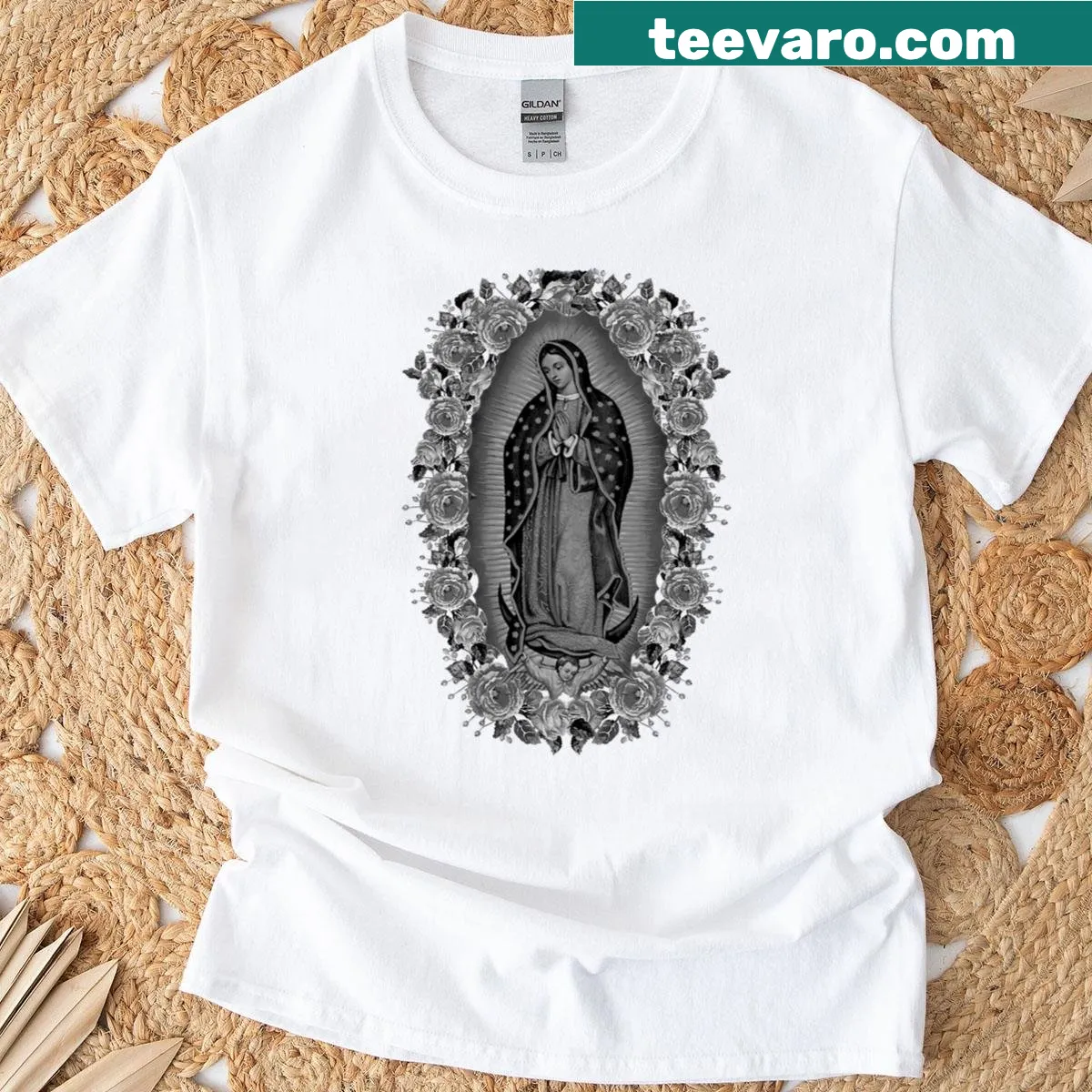 T-shirt featuring the image of Our Lady Virgen De Guadalupe — on a men's t-shirt