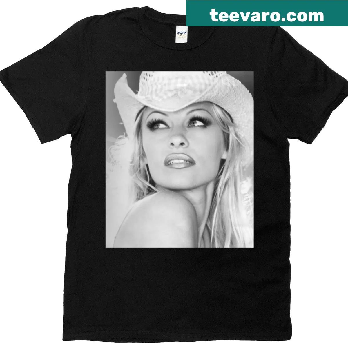 Black and white graphic of Pamela Anderson — on a men's t-shirt