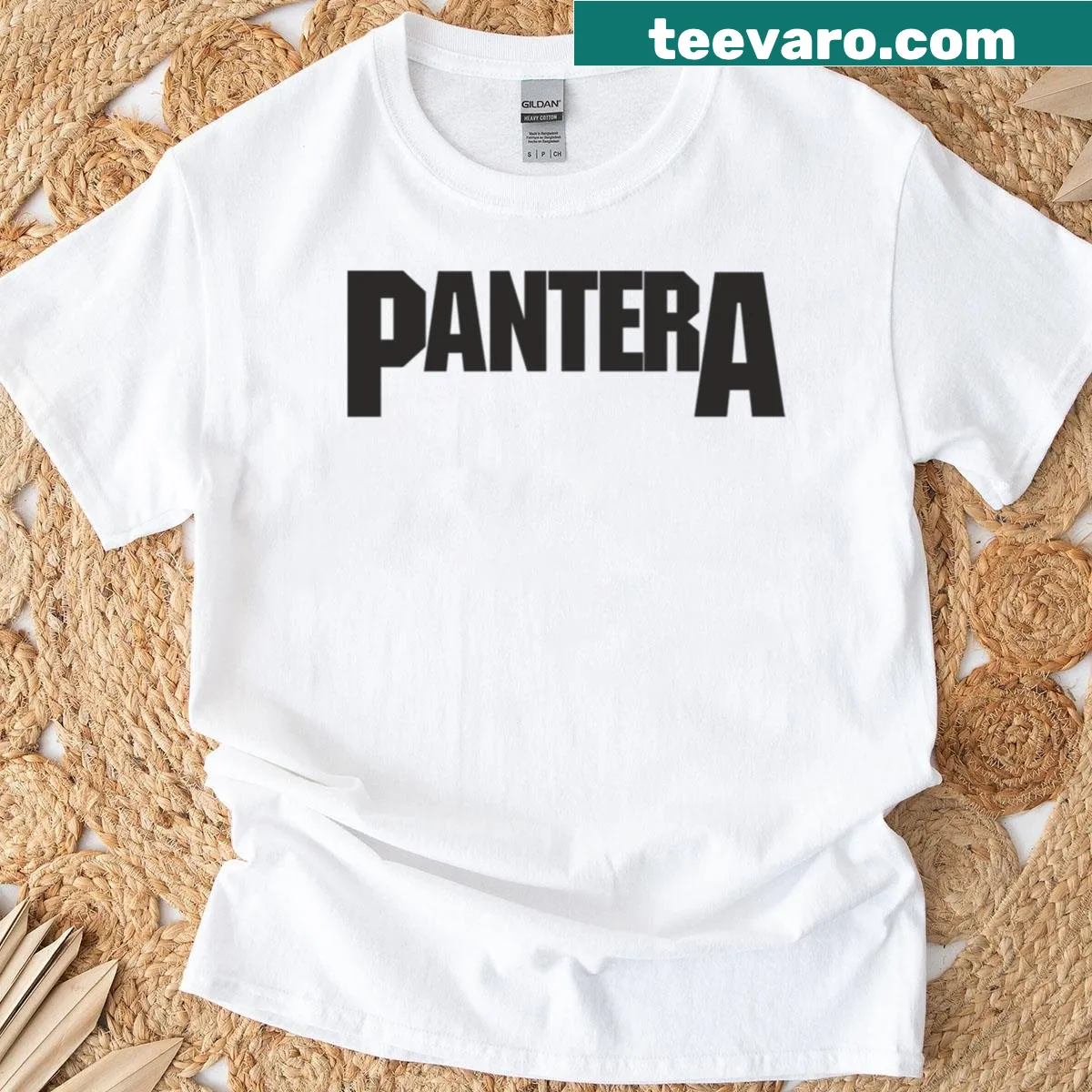 Oversized T-shirt featuring Pantera band logo artwork. — on a men's t-shirt