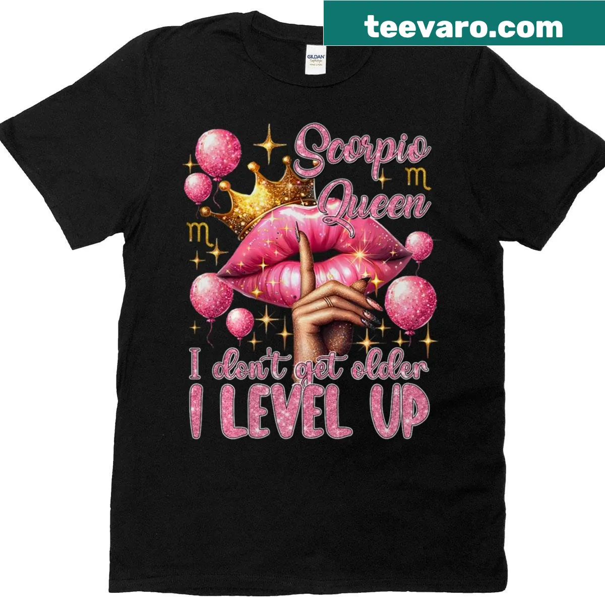 Pink Scorpio Queen shirt with lips and motivational text — on a men's t-shirt