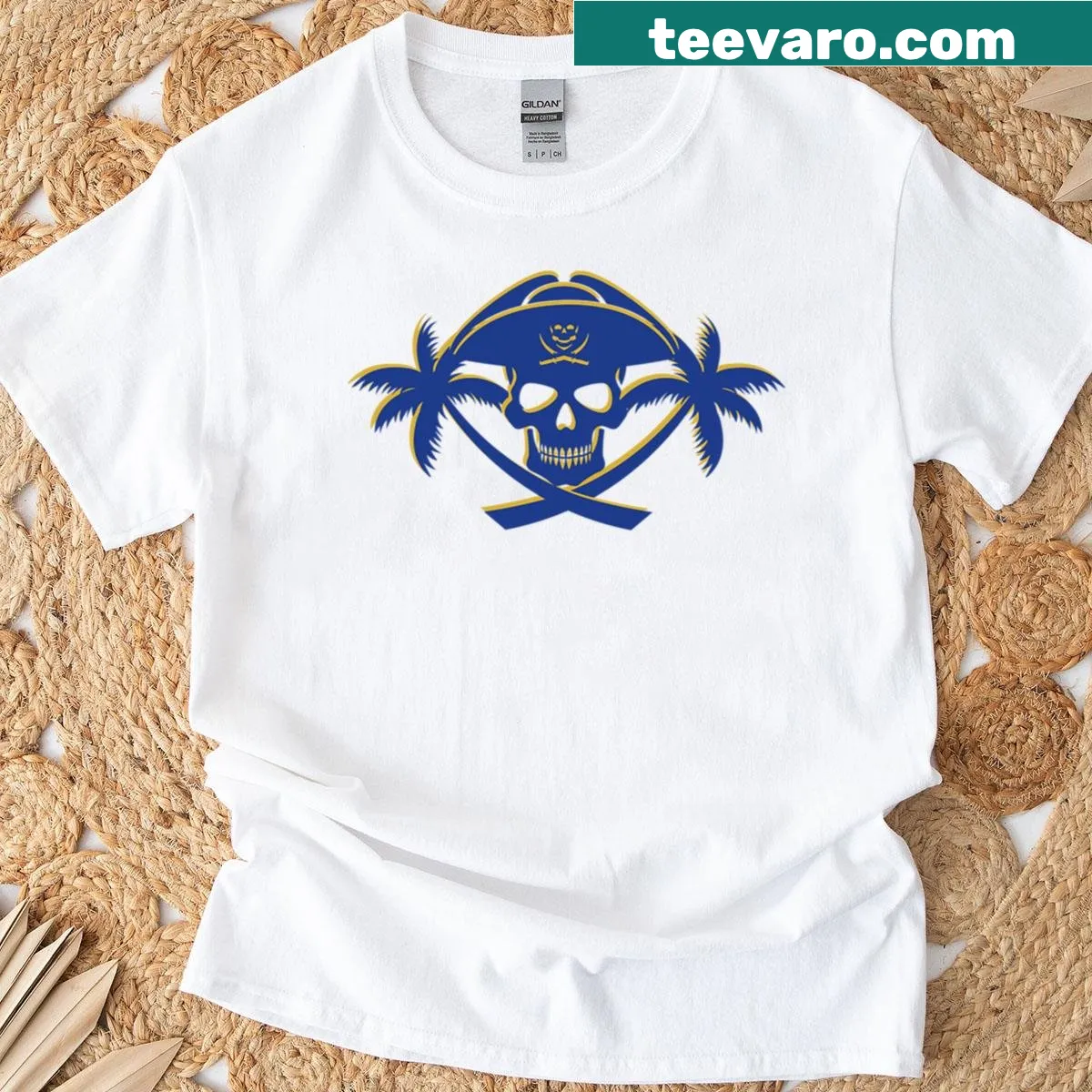T-shirt with pirate skull palms and blue-and-gold emblem design — on a men's t-shirt