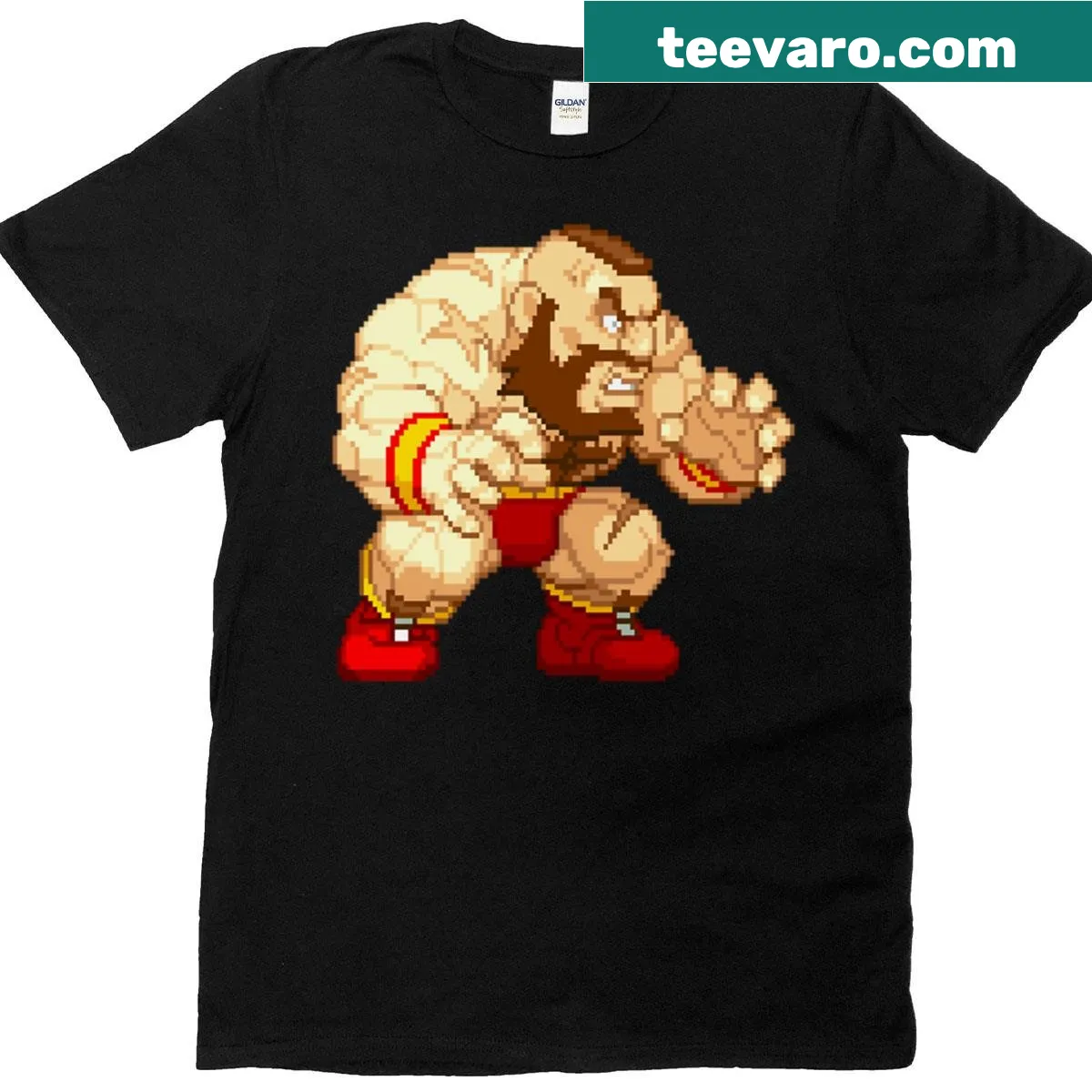 T-shirt featuring Pocket Zangief in a dynamic stance illustration — on a men's t-shirt