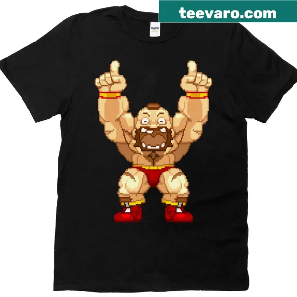 Cartoon t-shirt featuring Zangief in a win pose