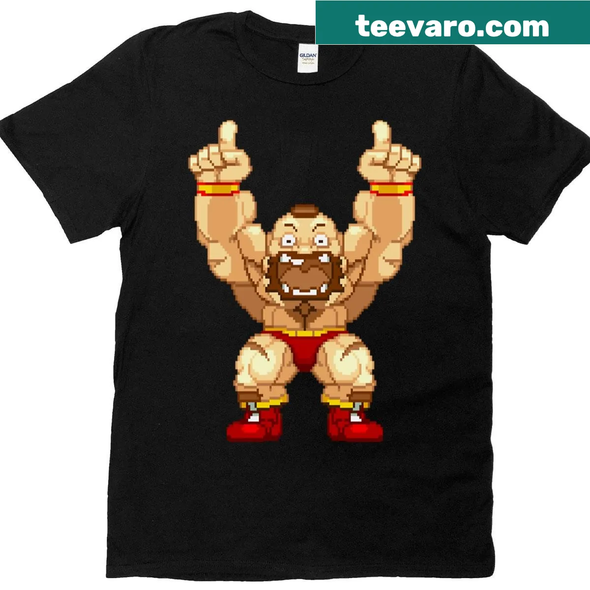 Cartoon t-shirt featuring Zangief in a win pose — on a men's t-shirt